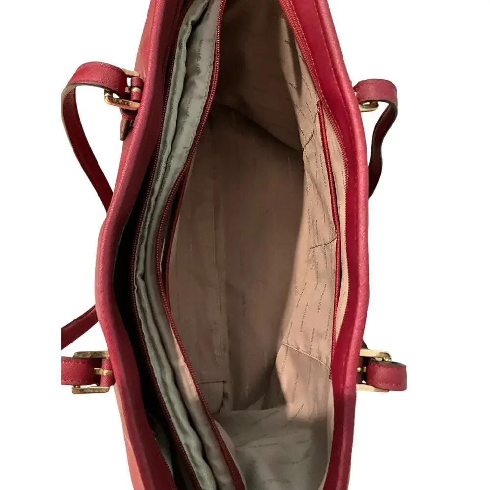 Michael Kors Women's Fashion Burgundy Leather Inner Zip Pocket Handbag Tote Bag‎